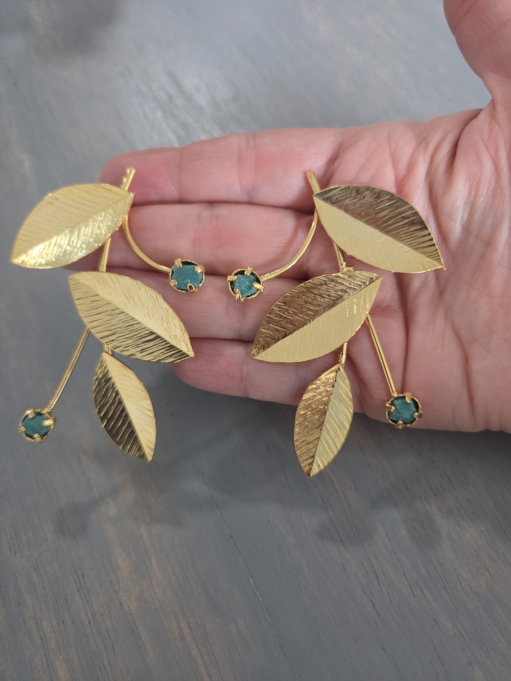 Gold Leaf Branch Earrings with Teal Stones - Women Jewelry